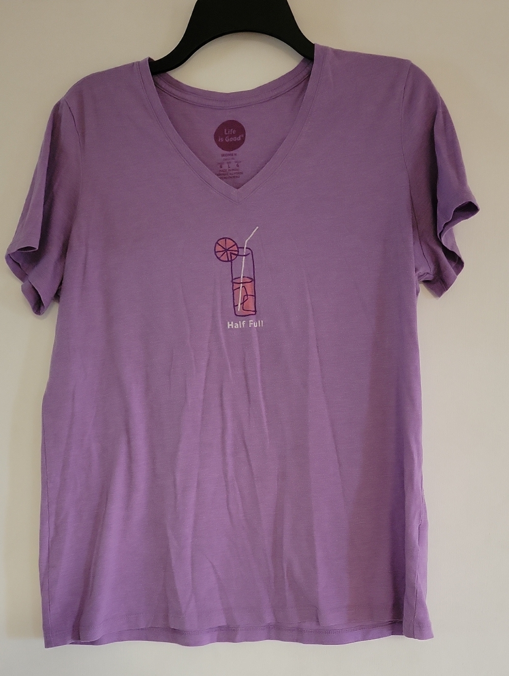 Life Is Good Lavender V-Neck Tee with 'Half Full' Glass Graphic